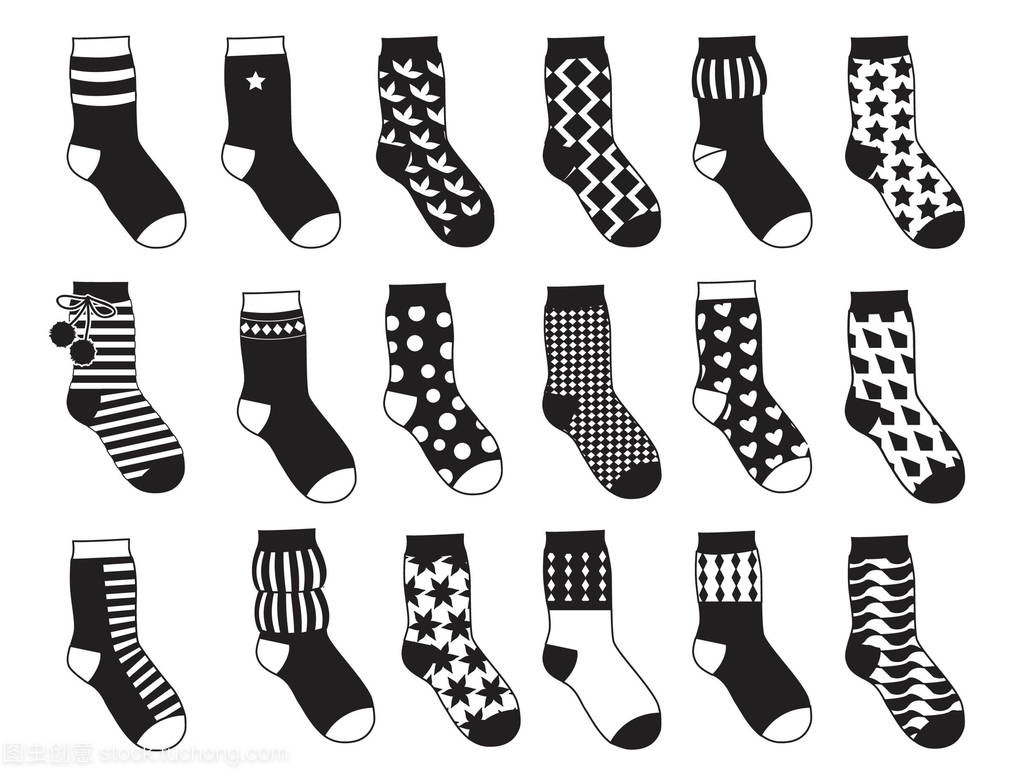 孩子的剪影襪子與不同模式。矢量單色插圖隔離